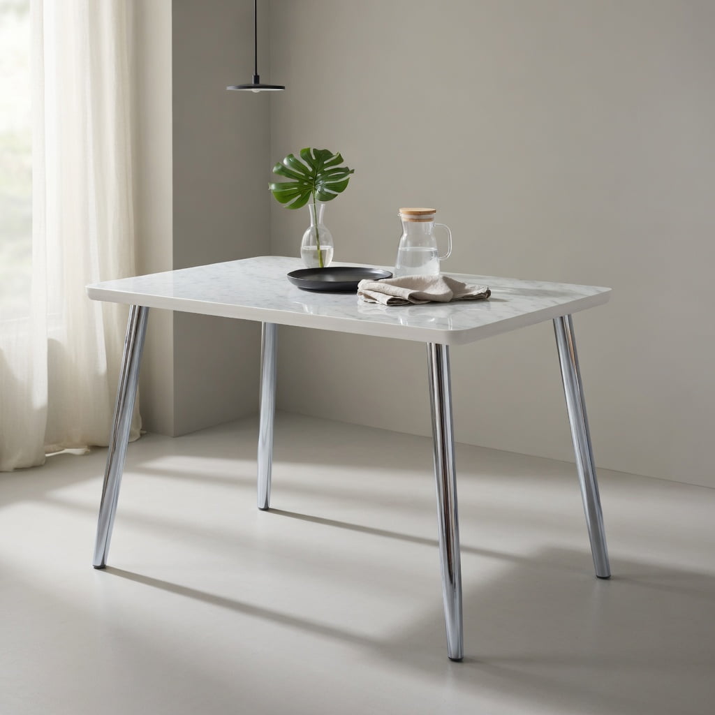 Hommoo Modern Rectangular Dining Table for 4-6 People, Tempered Glass & MDF Top with Imitation Marble Finish, Silver Tapered Metal Legs, Minimalist Design for Small Spaces, White & Sliver