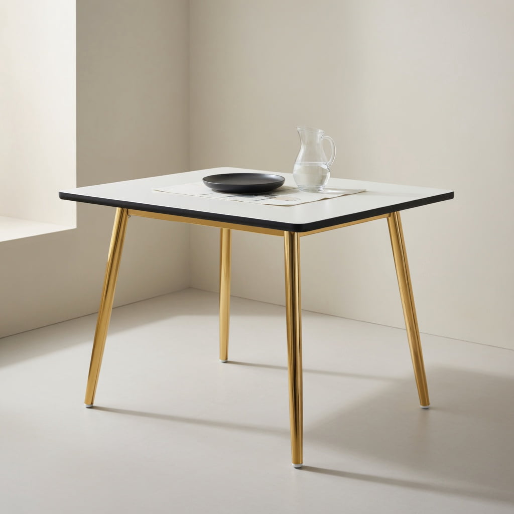 Hommoo Modern Rectangular Dining Table for 4-6 People, Tempered Glass & MDF Top with Imitation Marble Finish, Tapered Metal Legs, Minimalist Design for Small Spaces, White & Gold