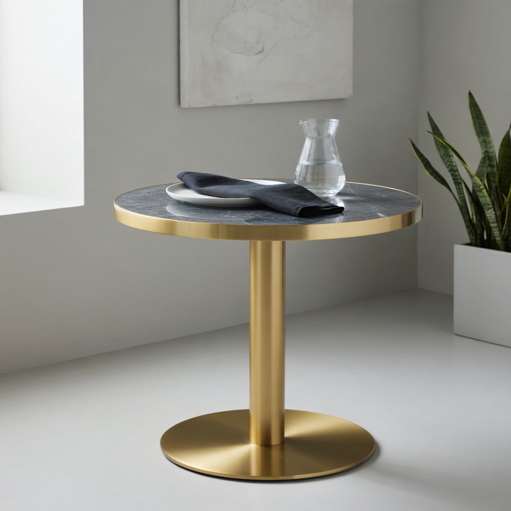 Hommoo Modern Round Bistro Table, 23.6" Faux Gray Marble Top with Gold Stainless Steel Edge Banding & Pedestal Base, High-Gloss UV-Coated MDF Accent Table, Dark Gray & Gold