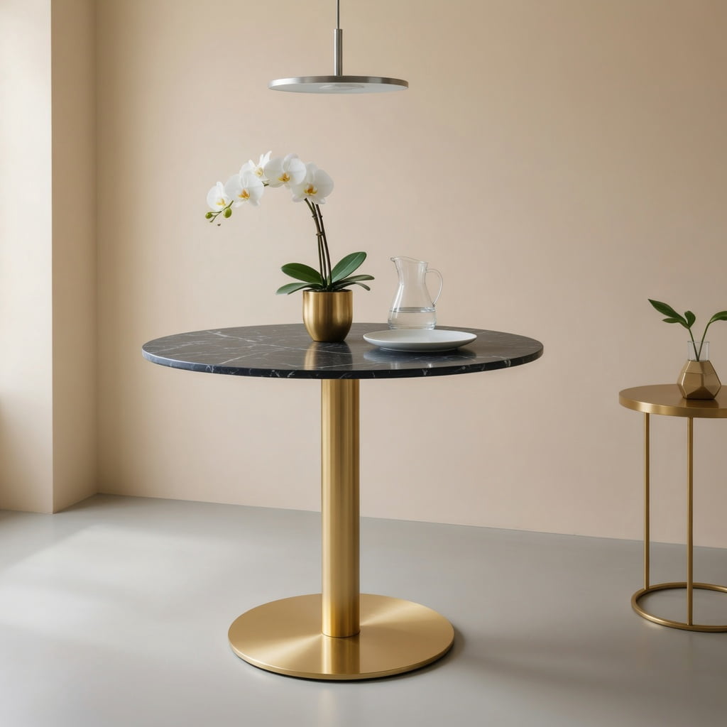 Hommoo Modern Round Bistro Table 23.6", Faux Marble Top with Stainless Steel Edge Banding & Heavy-Duty Metal Pedestal Base, High-Gloss UV-Coated Accent Table, Black & Gold