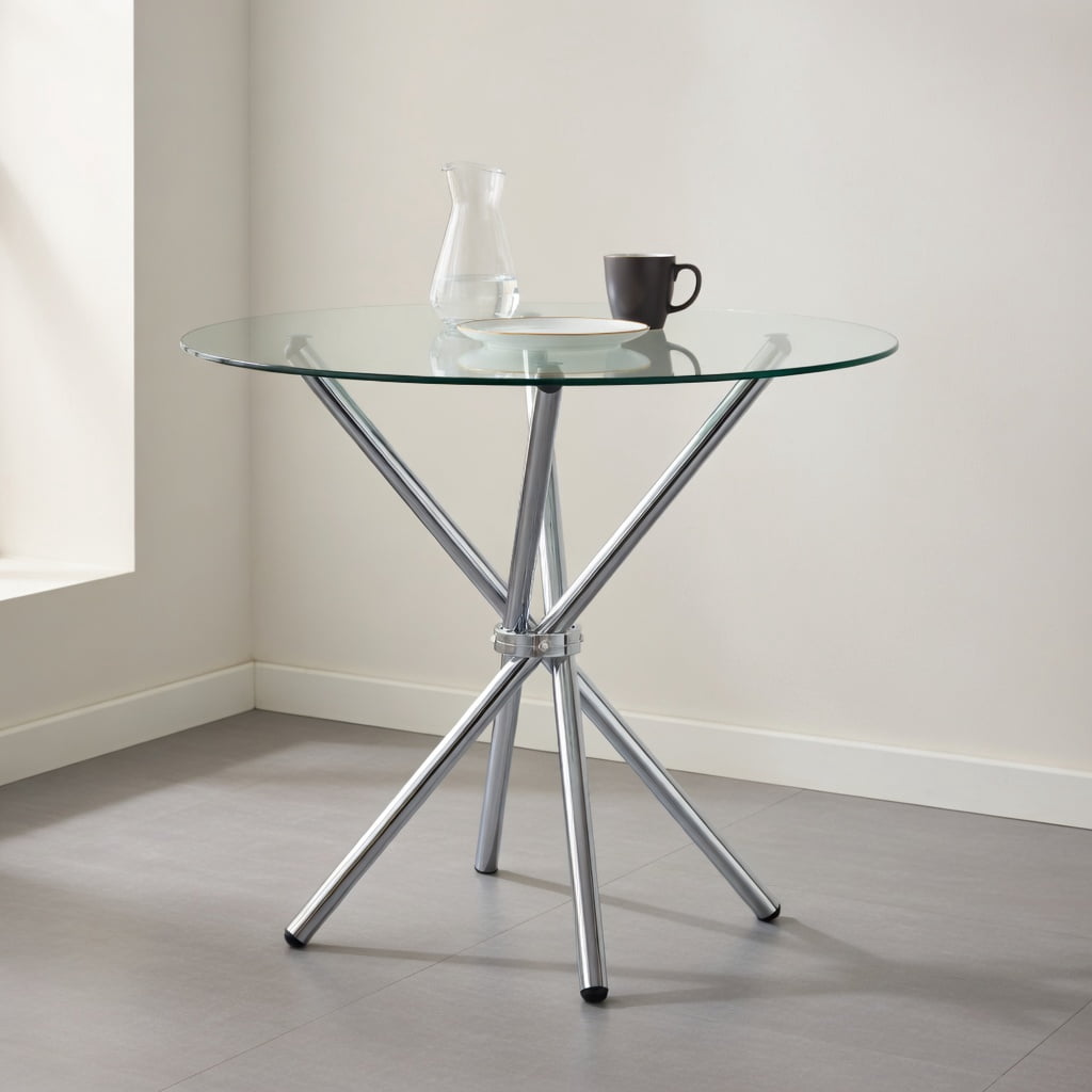 Hommoo Modern Round Clear Glass Dining Table for 4-6 People, 36.6" Diameter, Ring Metal Legs, Space-Saving Design for Dining Room, Kitchen, Balcony & Home Office, Silver