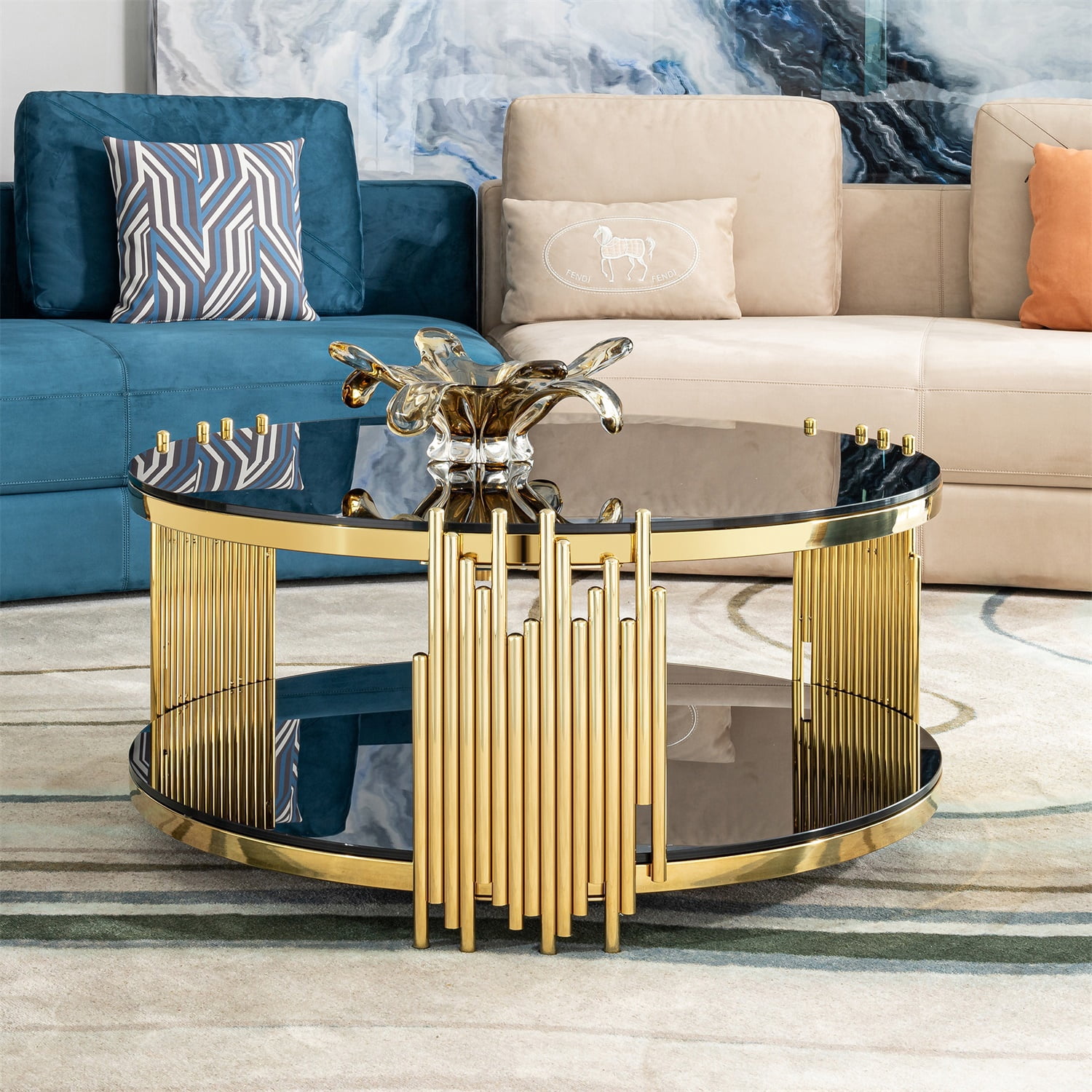 Hommoo Modern Round Coffee Table with Double-Tier Tempered Glass & Stainless Steel Frame, 31.5" Diameter, Easy Assembly, Living Room, Office & Bedroom Use, Black & Gold