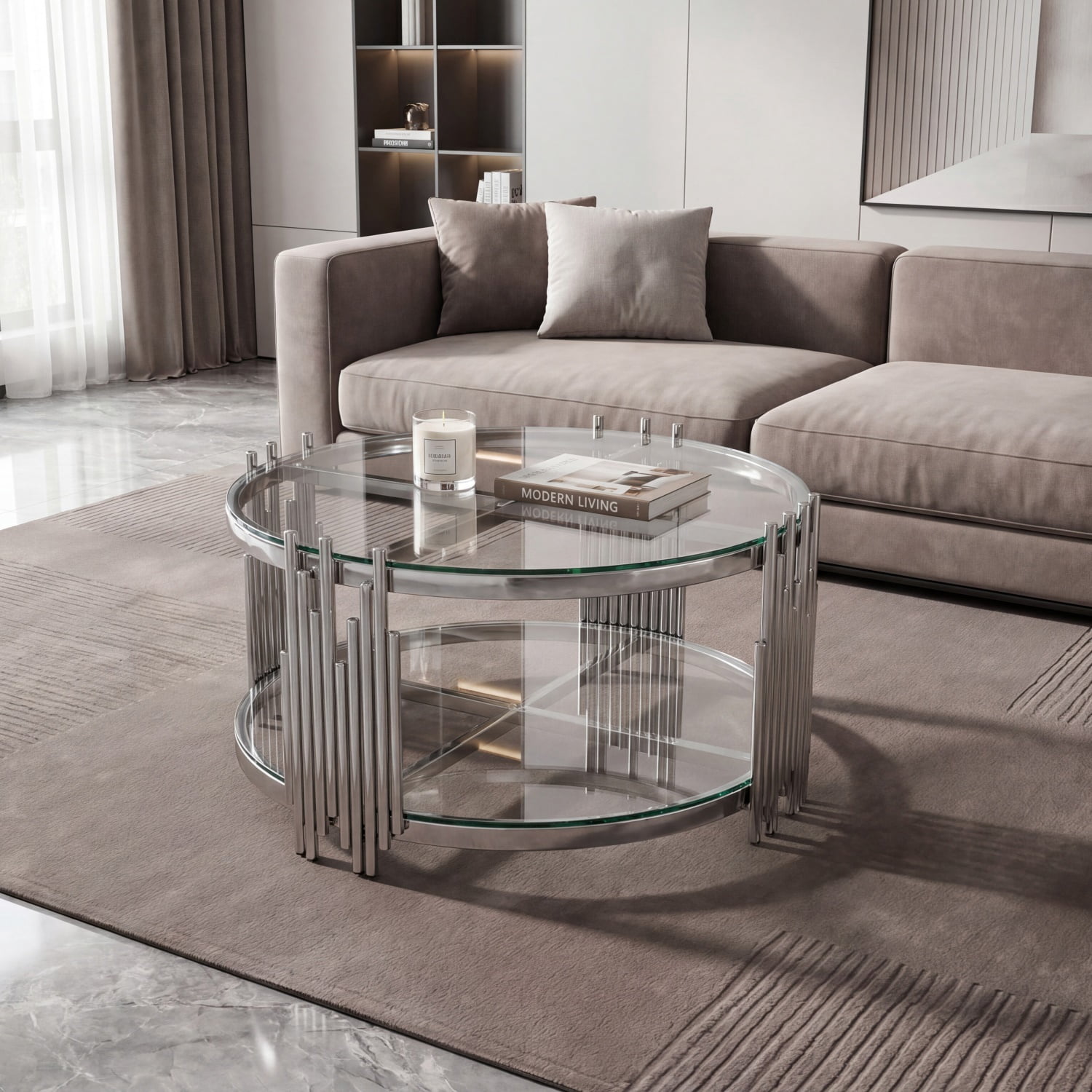 Hommoo Modern Round Coffee Table with Double-Tempered Glass & 201 Stainless Steel Frame, Living Room Table, Easy Assembly, Sliver