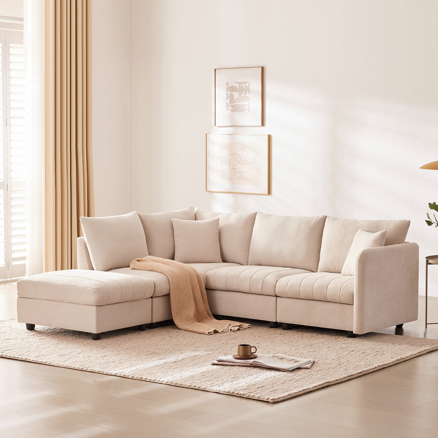 Hommoo Modern Sectional Sofa with 2 Pillows, 5-Seat L-Shaped Couch Sofa Set with Ottoman, Modern Indoor Living Room Furniture, for Various Combinations,Apartment, Beige