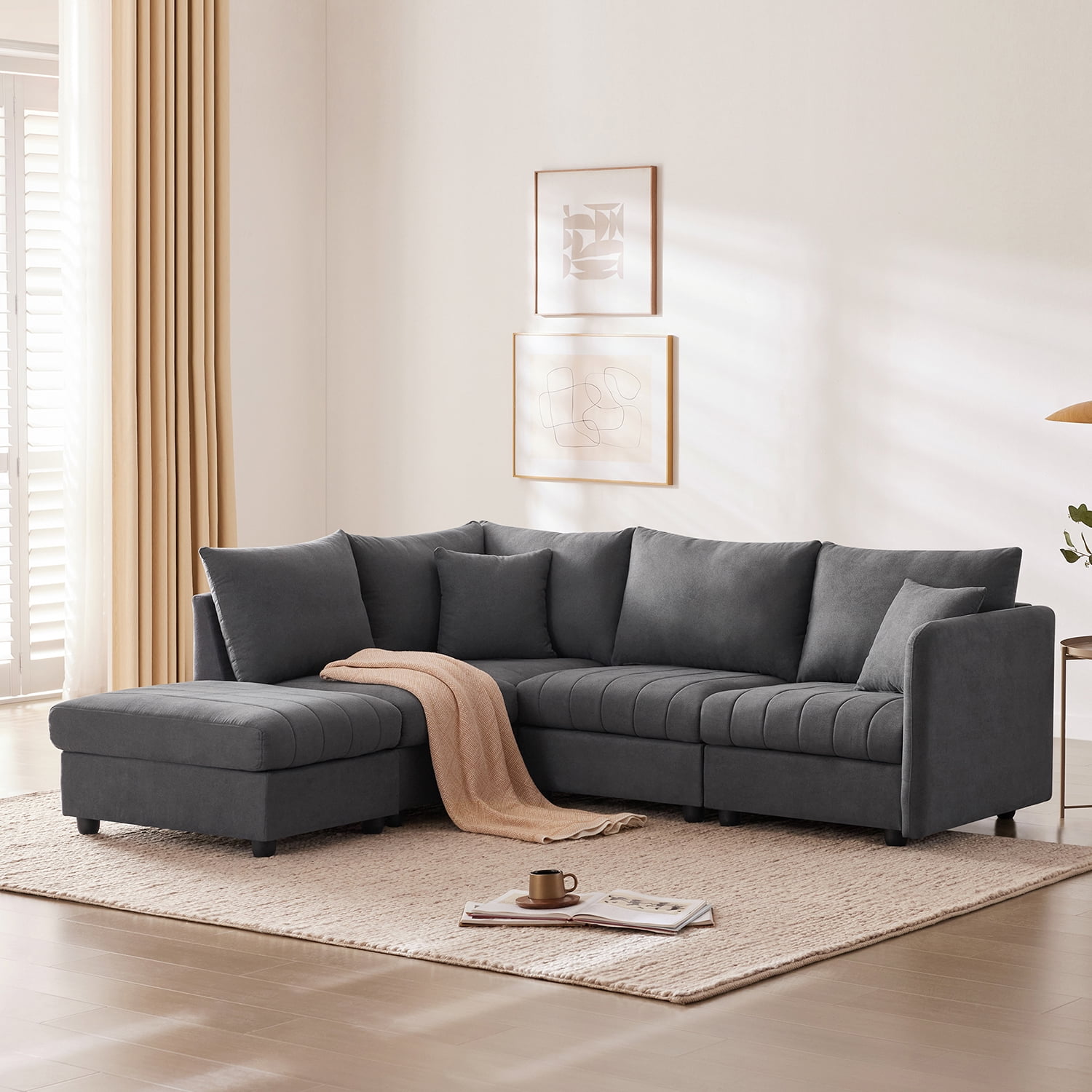 Hommoo Modern Sectional Sofa with 2 Pillows, 5-Seat L-Shaped Couch Sofa Set with Ottoman, Modern Indoor Living Room Furniture, for Various Combinations,Apartment, Dark Gray