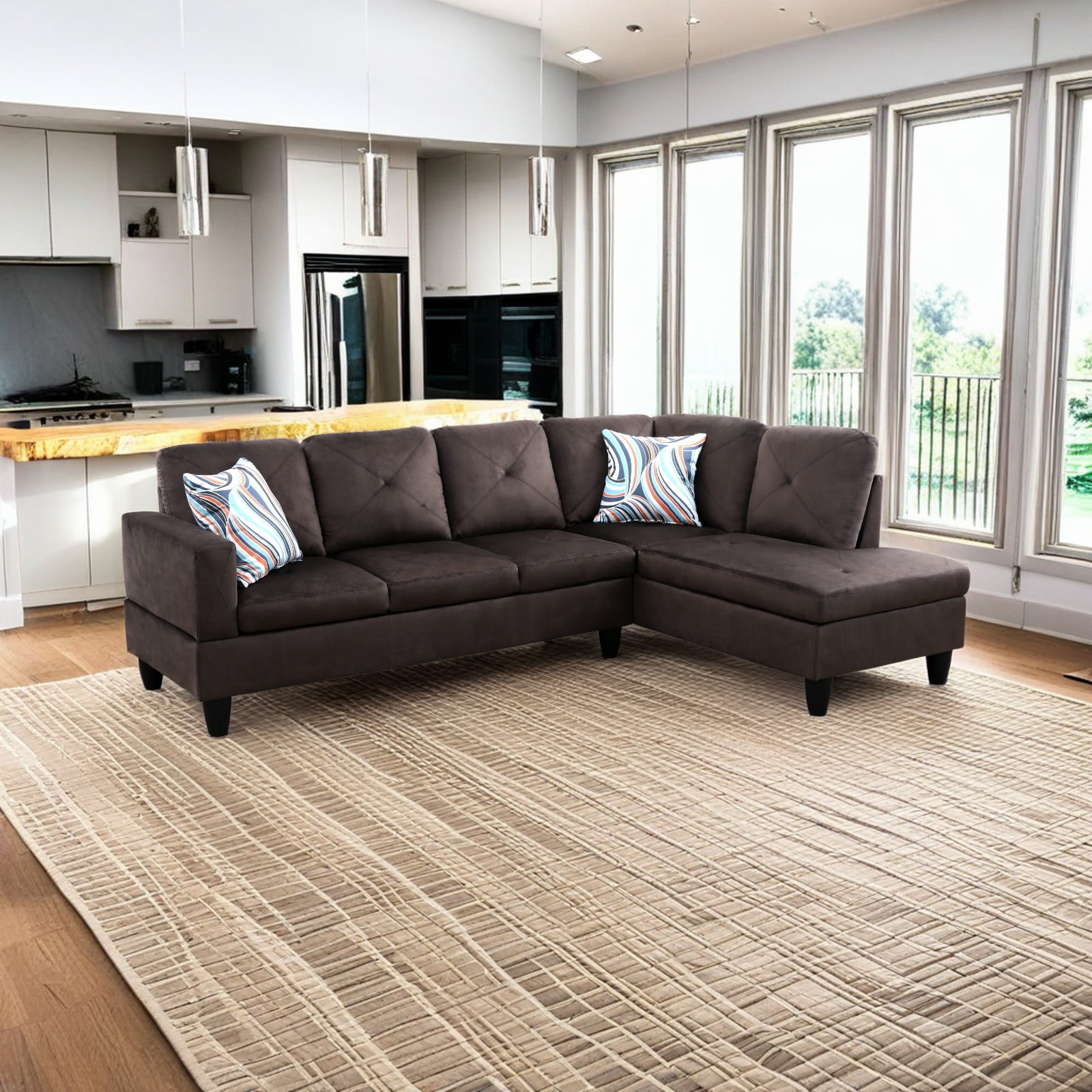 Hommoo Modern Sectional Sofa, 3-Piece Living Room Sofa Set, Espresso(No Ottoman)