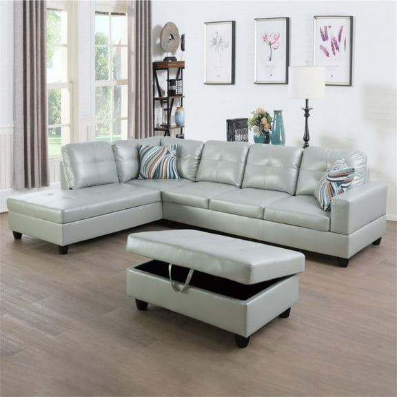 Hommoo Modern Semi PU Synthetic Leather 2-Piece Couch Living Room Sofa Set Sectional Couches and Sofas, L-Shaped Sectional Couch Sofa, Silver Green(No Ottoman)