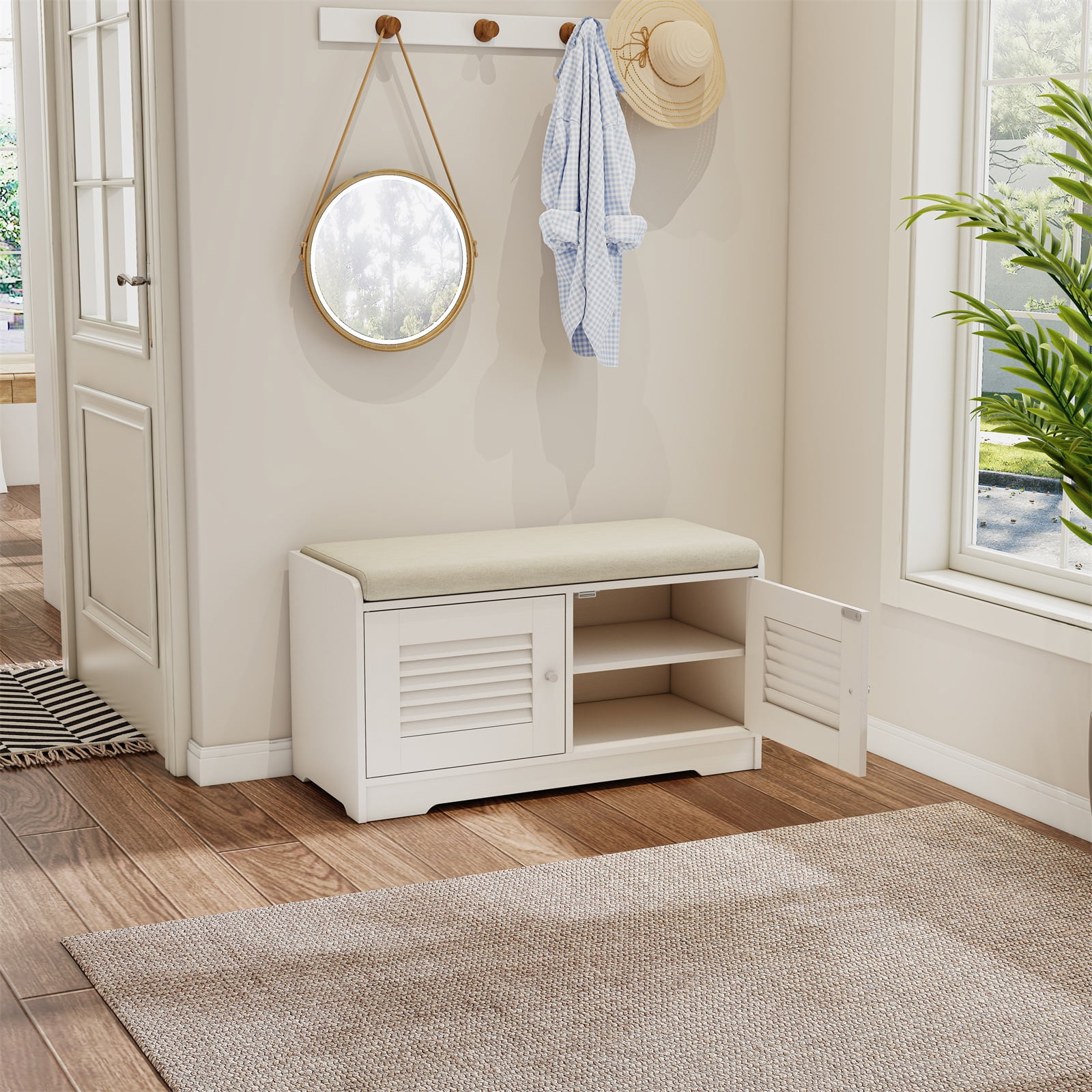 Hommoo Modern Shoe Storage Bench with Cushion, Entryway Shoe Rack Bench with Shutter Doors, Shoe Cabinet with Adjustable Shelves, Ancient White