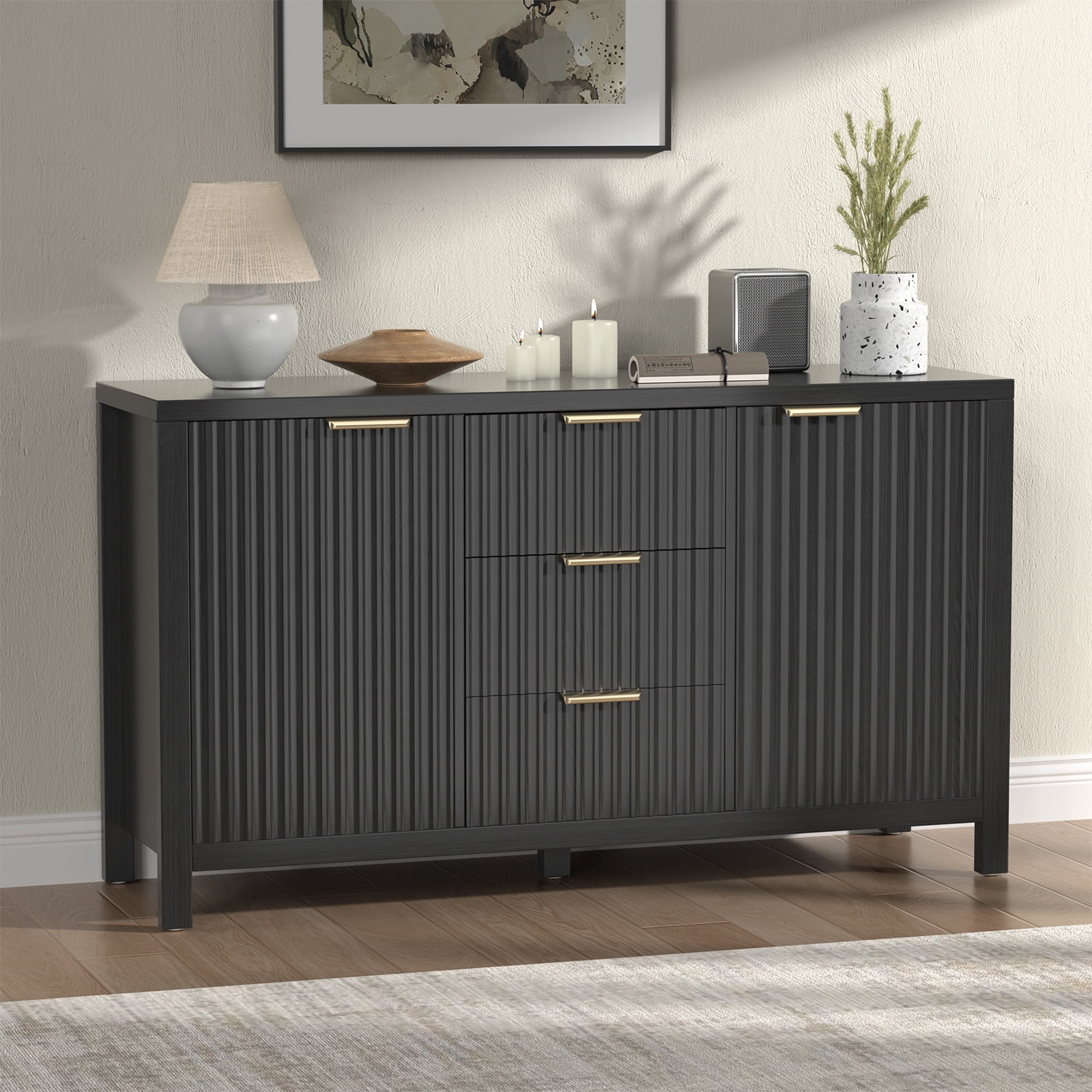 Hommoo Modern Sideboard Storage Cabinet, Fluted Credenza Buffet Cabinet with 2 Doors and 3 Drawers, for Kitchen and Living Room, Black