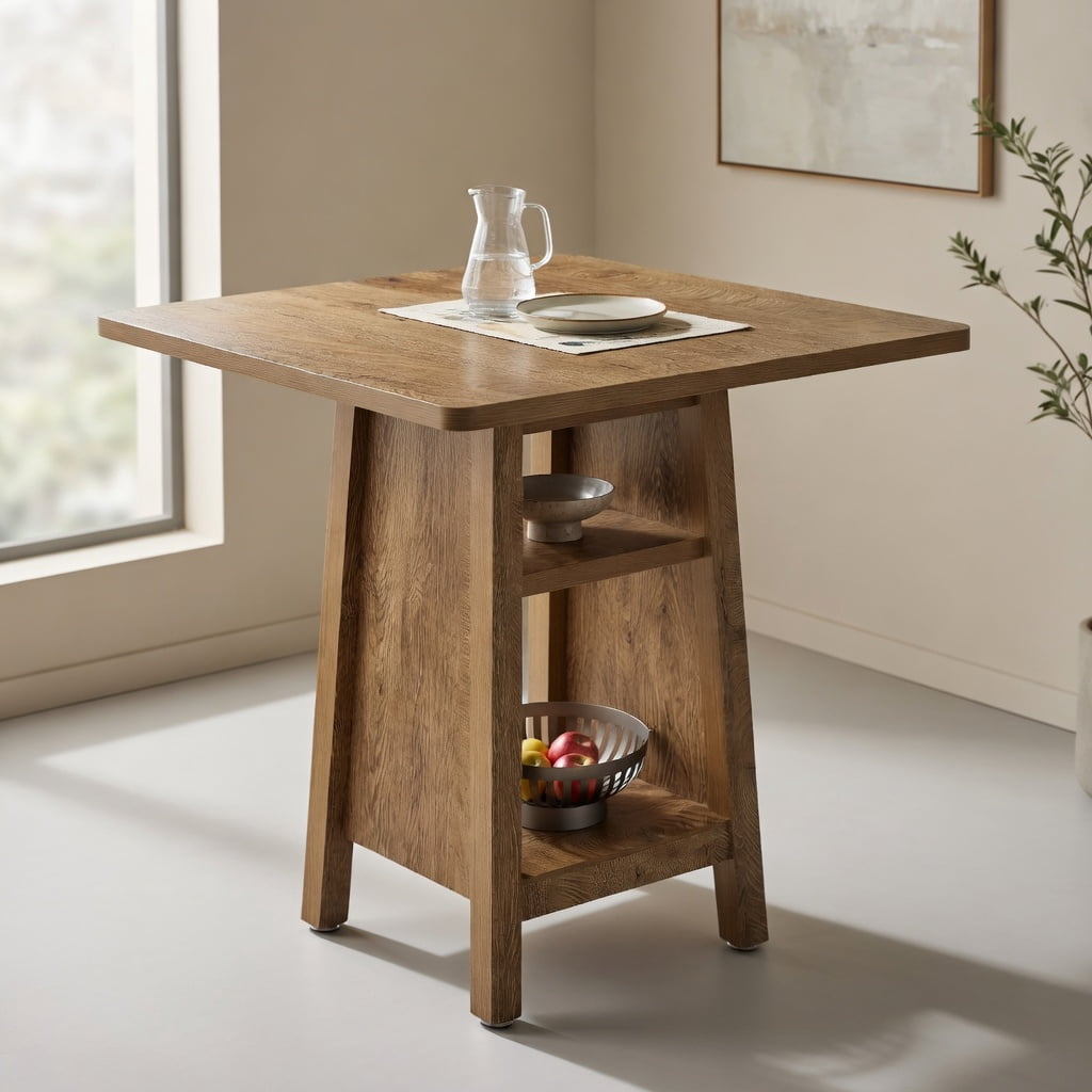 Hommoo Modern Square Bar Table with 3-Tier Open Shelving, for Kitchen, Living Room or Apartment Dining, Walnut