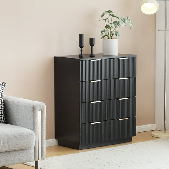 Hommoo Modern Wavy Texture 5 Drawers Cabinet, Storage Drawer Dressers Cabinet, Wood Chest of Drawers for Home Office Living Room, Black