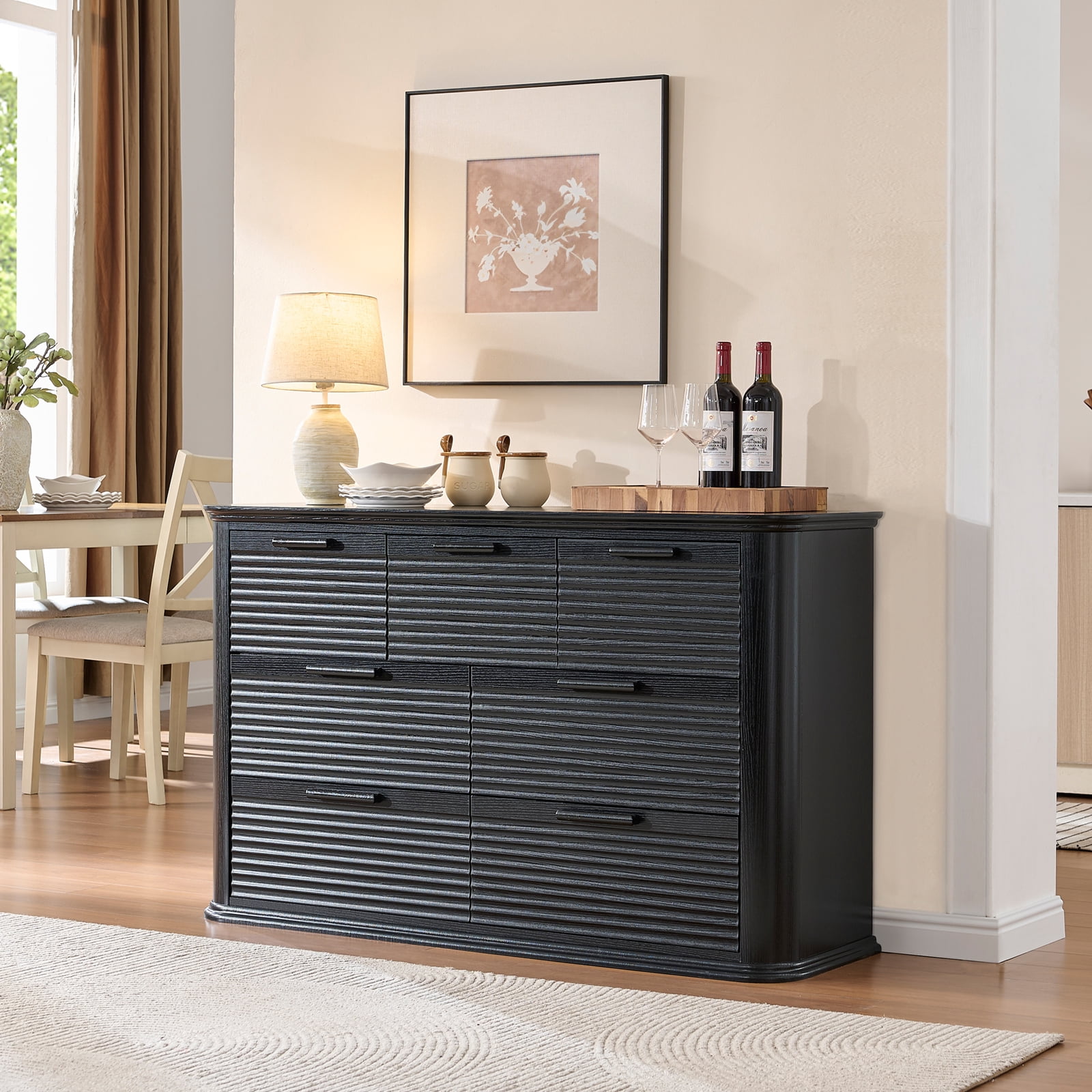 Hommoo Modern Wood Fluted 7 Drawer Dresser, 52" Wide Dresser Chest of Drawers with Curved Profile Design, Multifuctional Storage Organizer for Home, Black
