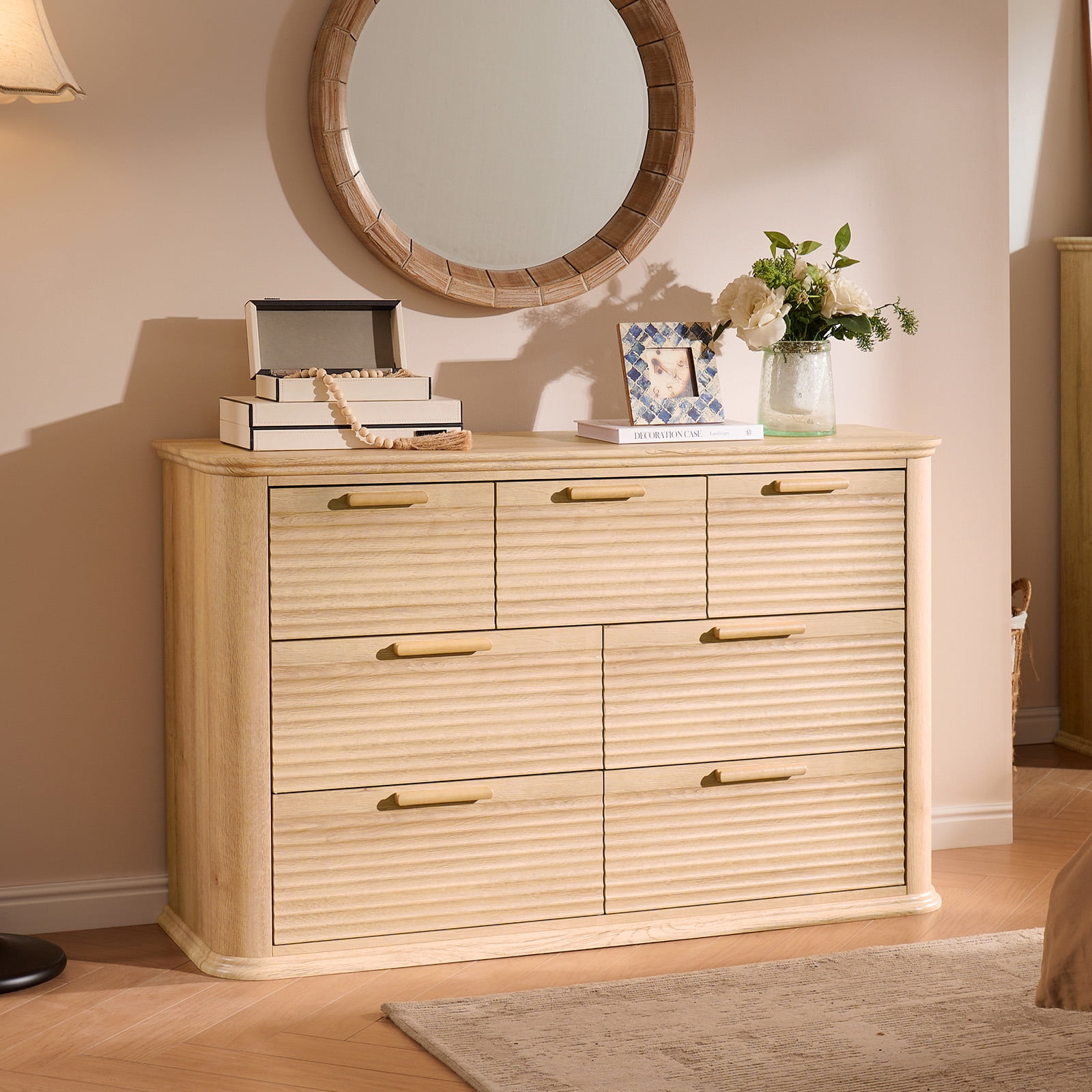 Hommoo Modern Wood Fluted 7 Drawer Dresser, 52" Wide Dresser Chest of Drawers with Curved Profile Design, Multifuctional Storage Organizer for Home, Oak