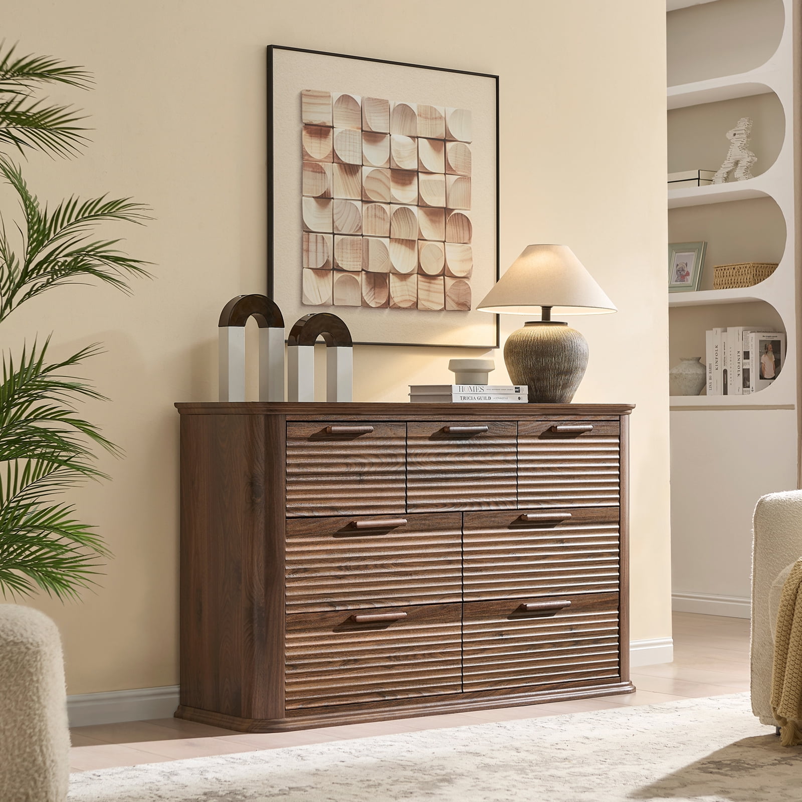 Hommoo Modern Wood Fluted 7 Drawer Dresser, 52" Wide Dresser Chest of Drawers with Curved Profile Design, Multifuctional Storage Organizer for Home, Walnut