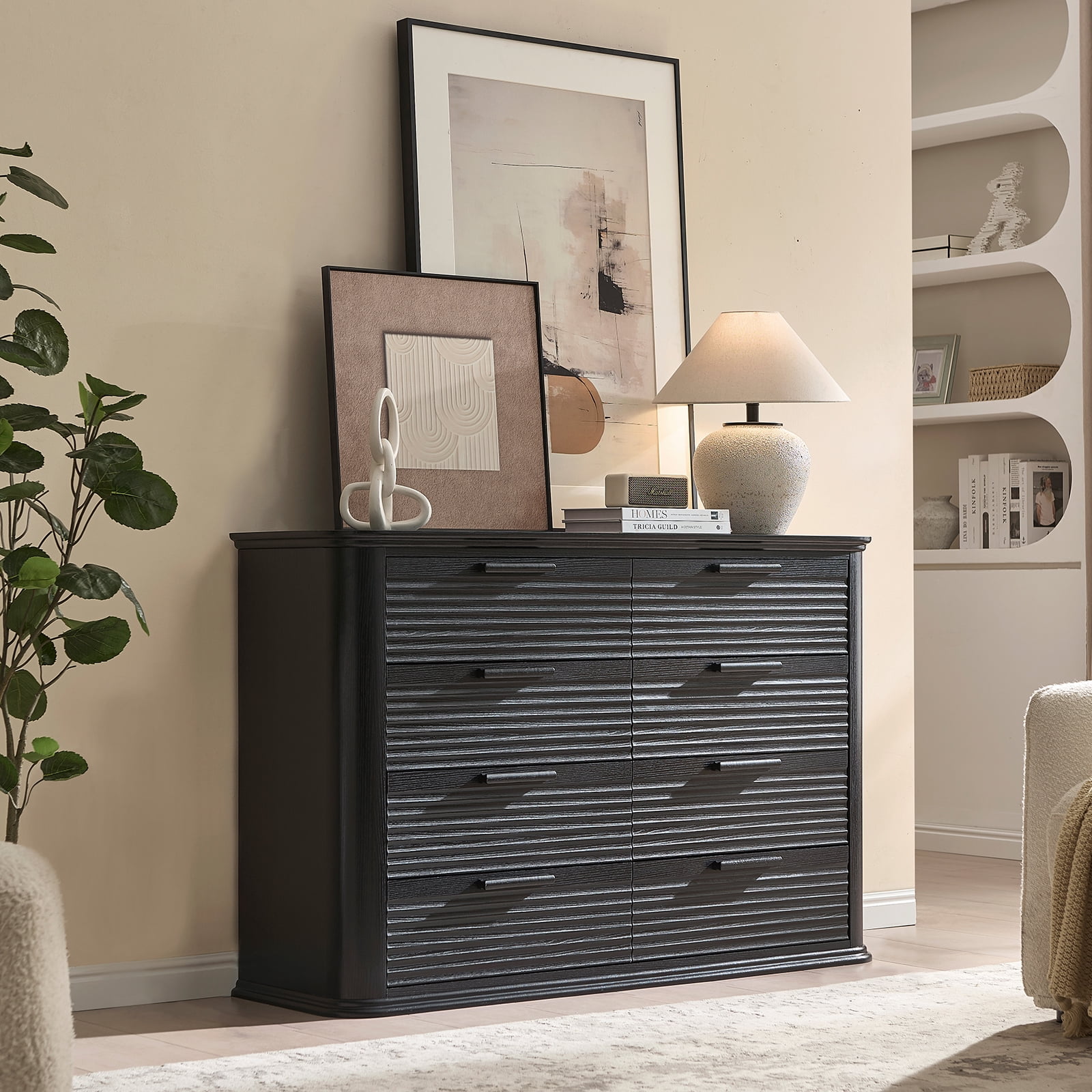 Hommoo Modern Wood Fluted 8 Drawer Dresser, 52" Wide Dresser Chest of Drawers with Curved Profile Design, Multifuctional Storage Organizer for Home, Black