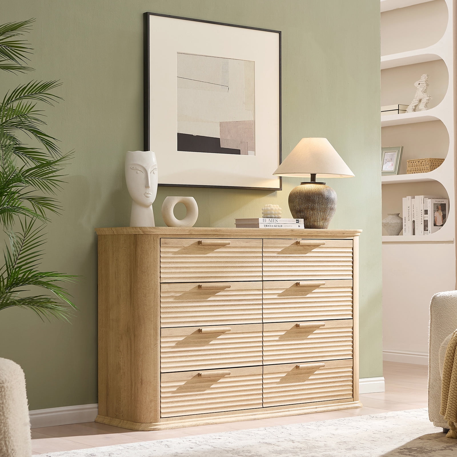 Hommoo Modern Wood Fluted 8 Drawer Dresser, 52" Wide Dresser Chest of Drawers with Curved Profile Design, Multifuctional Storage Organizer for Home, Oak