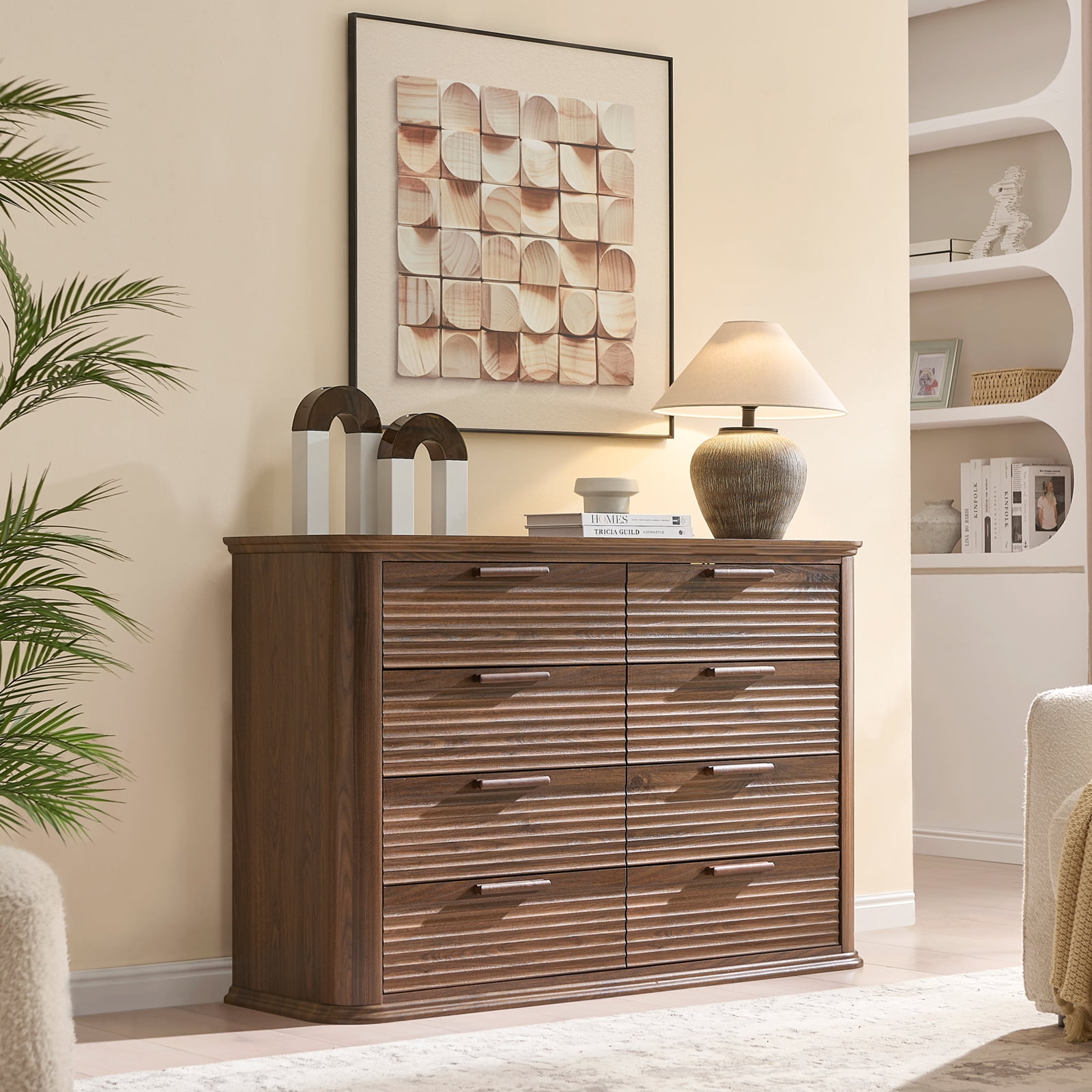 Hommoo Modern Wood Fluted 8 Drawer Dresser, 52" Wide Dresser Chest of Drawers with Curved Profile Design, Multifuctional Storage Organizer for Home, Walnut