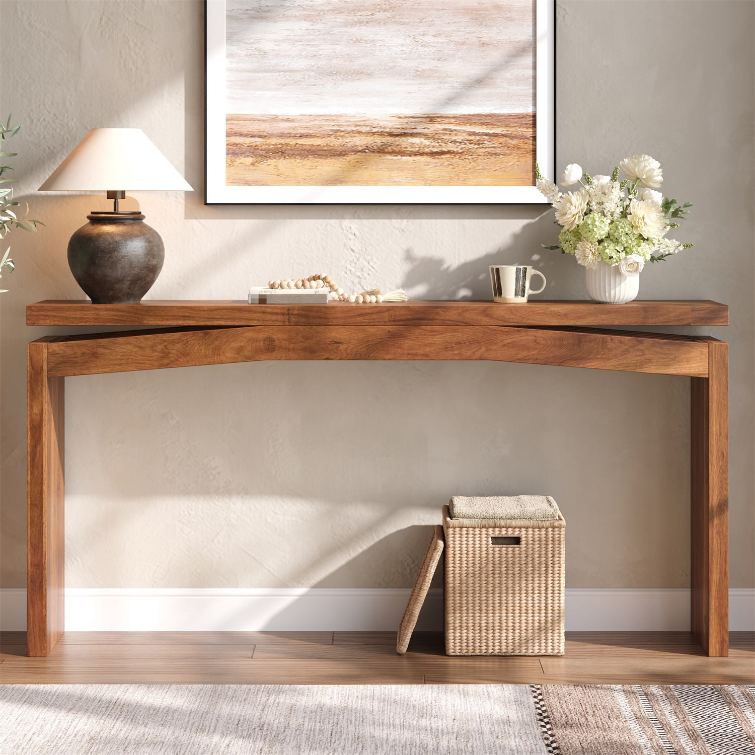 Hommoo Modern Wooden Console Table, 62in Long Slim Entryway Table with Geometric Inlay, for Hallway, Sofa Back, or Bedroom Accent, Brown