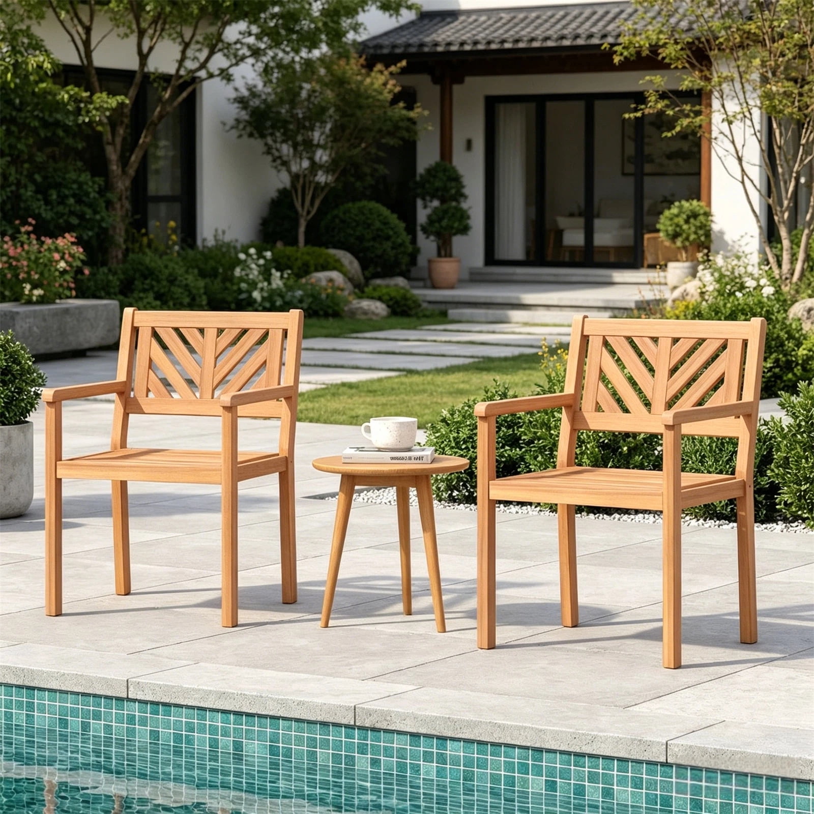 Hommoo Modern Wooden Patio Dining Chair Set of 2, Outdoor Garden Slatted Chair, Natural