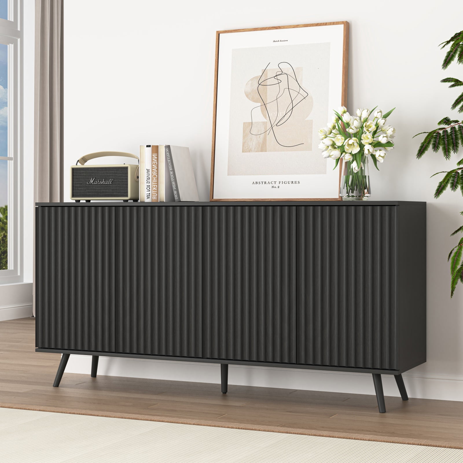 Hommoo Modern Wooden Sideboard Buffet Cabinet with Storage, Sideboard Storage Cabinet with 4 Doors, Multifunctional Credenza Console Coffee Bar Cabinets for Home, Office, Black