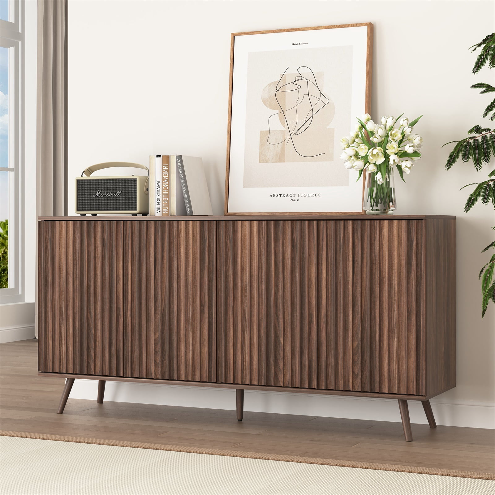 Hommoo Modern Wooden Sideboard Buffet Cabinet with Storage, Sideboard Storage Cabinet with 4 Doors, Multifunctional Credenza Console Coffee Bar Cabinets for Home, Office, Walnut