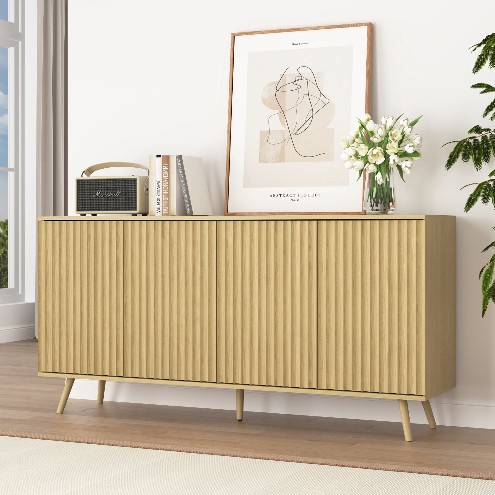 Hommoo Modern Wooden Sideboard Buffet Cabinet with Storage, Sideboard Storage Cabinet with 4 Doors, Multifunctional Credenza Console Coffee Bar Cabinets for Home, Office, Natural
