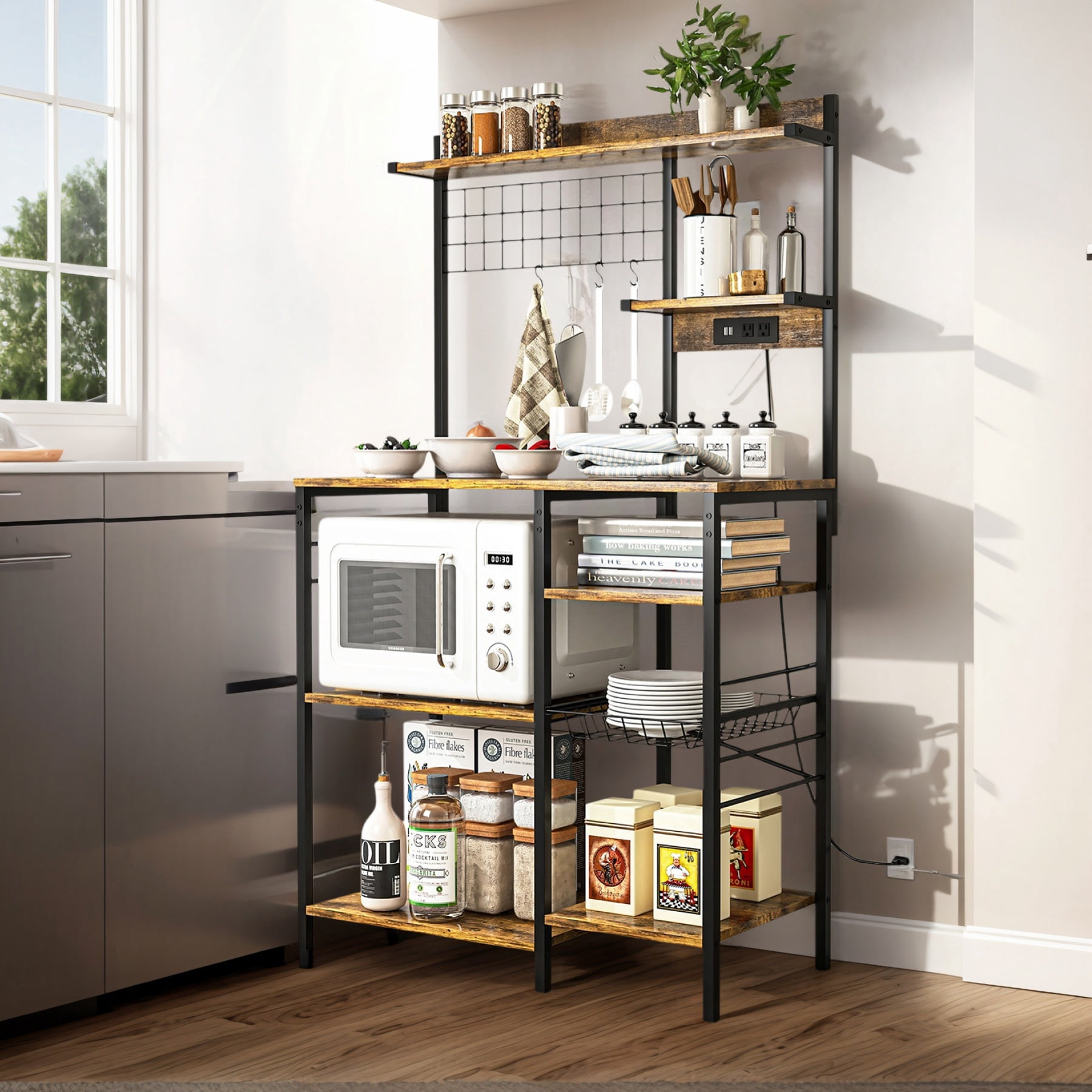 Hommoo Multipurpose Kitchen Storage Rack, Baker's Rack, Microwave Stand, Coffee Bar Station with Hooks and Wire Basket, Rustic Brown