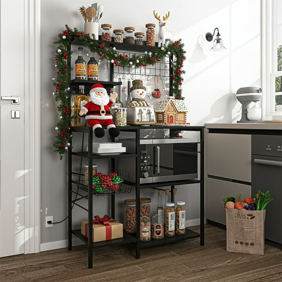 Hommoo 7 Tiers Multipurpose Kitchen Storage Rack, Baker’s Rack for kitchens with Power Outlet &Hook, Storage Microwave Stand Coffee Bar Station, Black