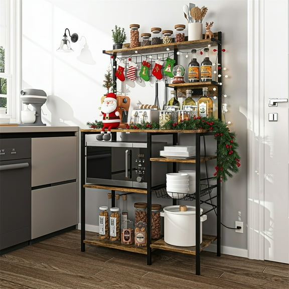 Hommoo 7 Tiers Multipurpose Kitchen Storage Rack, Baker’s Rack for kitchens with Power Outlet &Hook, Storage Microwave Stand Coffee Bar Station, Rustic Brown