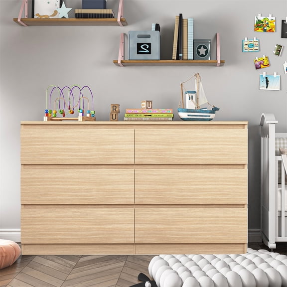 Hommoo Natural 6 Drawer Dresser, Wood Modern Storage Cabinet Dresser Organizer, Chest of Drawers for Living Room, Closet, Hallway, Nursery
