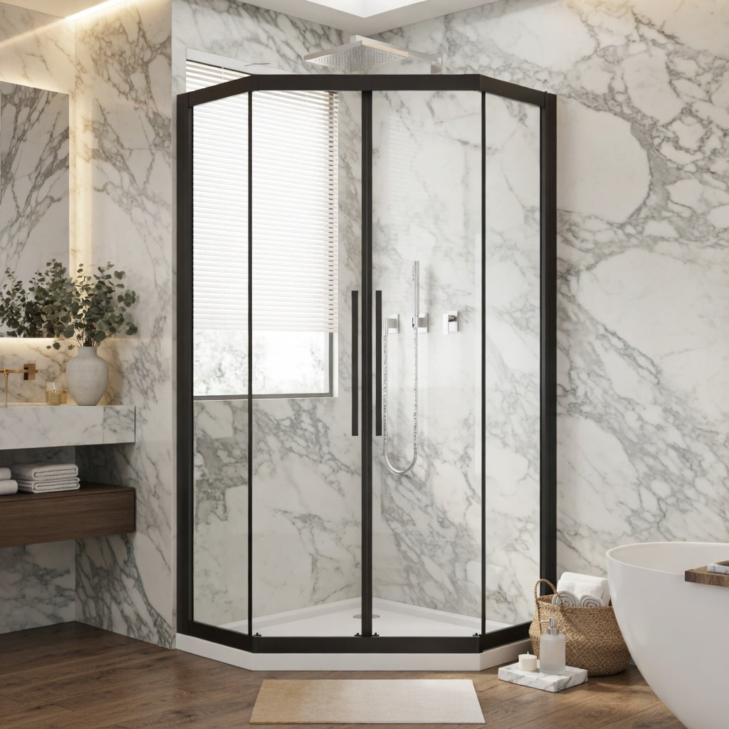 Hommoo Neo-Angle Sliding Shower Enclosure 36" x 72", 1/4" Clear Tempered Glass Diamond Shower Door, Dual Roller System & Stainless Steel Handles, Black & Transparent