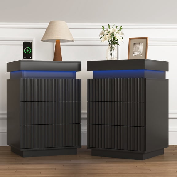 Hommoo Nightstand End Table Set of 2 with Fast USB Charging Station, Modern Wood Storage Sofa Side Table with 2 Drawers and LED lights, for Living Room,Bedroom,Office, Black