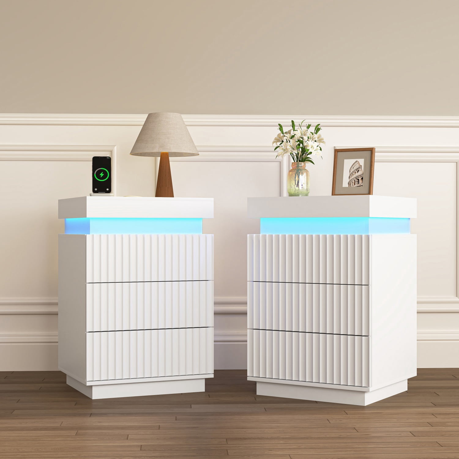 Hommoo Nightstand End Table Set of 2 with Fast USB Charging Station, Modern Wood Storage Sofa Side Table with 2 Drawers and LED lights, for Living Room,Bedroom,Office, White