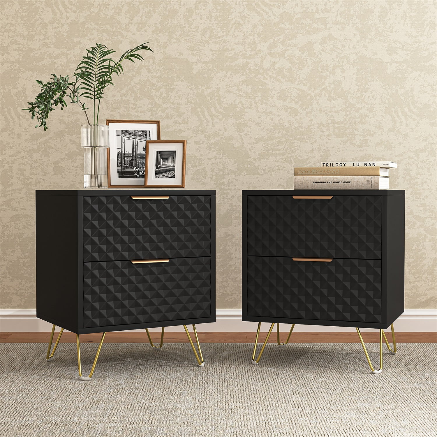 Hommoo Nightstand Set of 2, Carving Texture Night Stand End Side Tables, Modern Bedside Tables with 2 Drawers, for Bedroom Living Room, Black