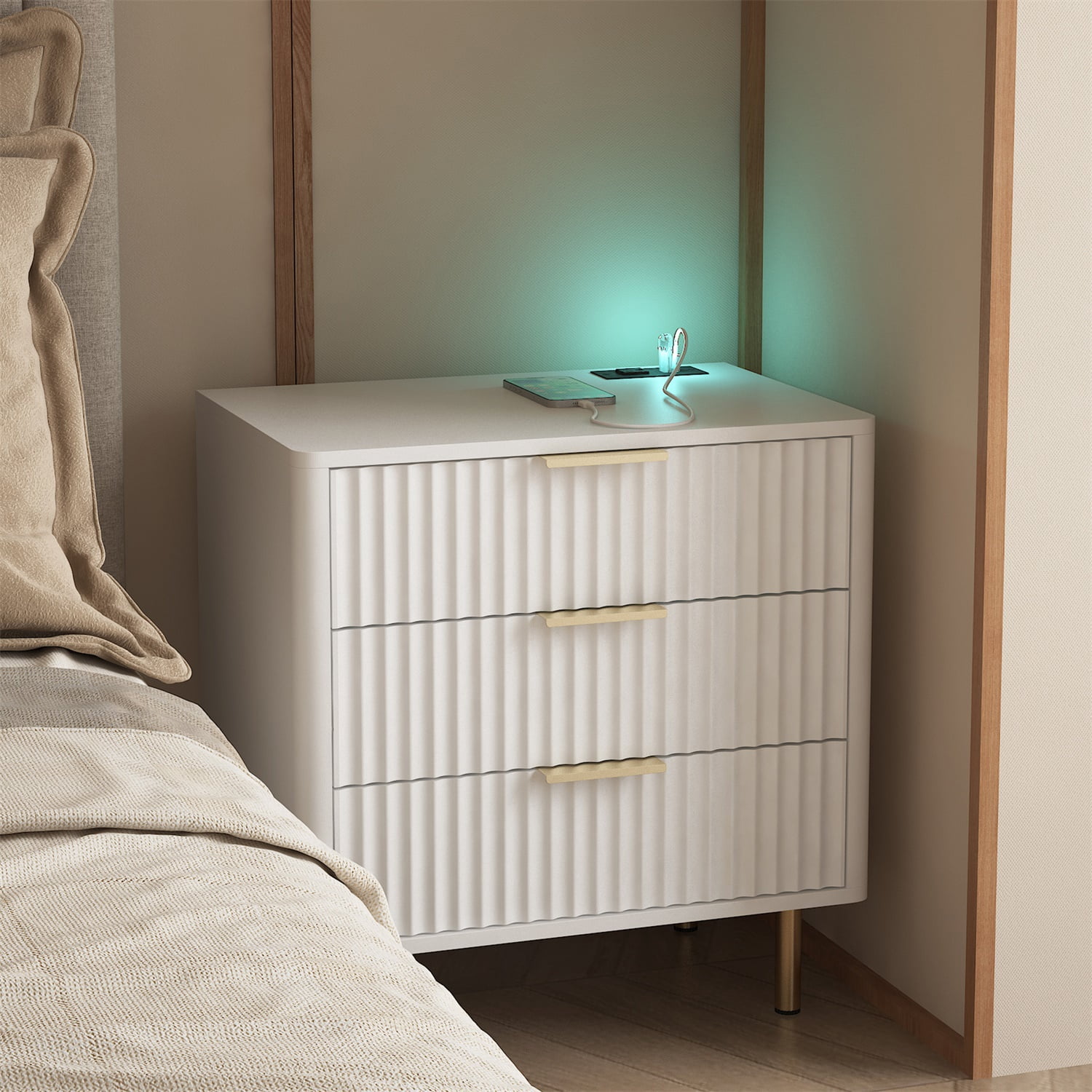 Hommoo Nightstand with Charging Station, Modern Nightstand with Night Light and Storage, for Bedroom, White