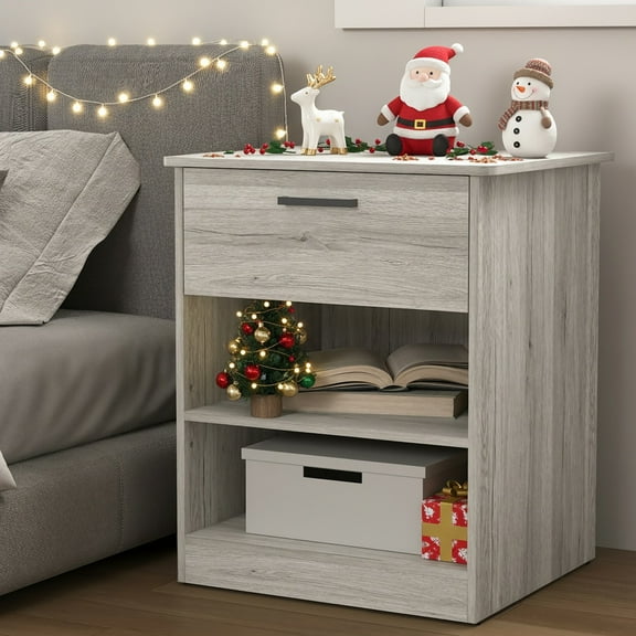 Hommoo Nightstand with Drawer and Open Storage, End Table Bedside Table with Charging Station, for Bedroom, Living Room, Gray