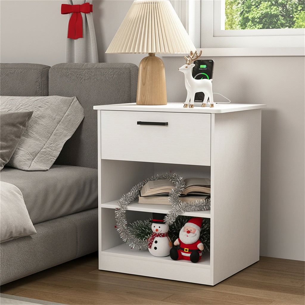 Hommoo Nightstand with Drawer and Open Storage, End Table Bedside Table with Charging Station, for Bedroom, Living Room, White