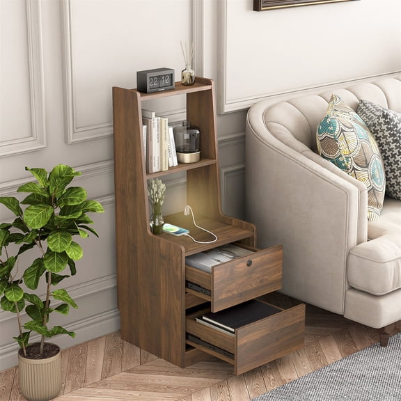 Hommoo Nihgthstand with 2 Drawers and Bookshelf, Modern Bedside Table with Night Light and Charging Station, Walnut