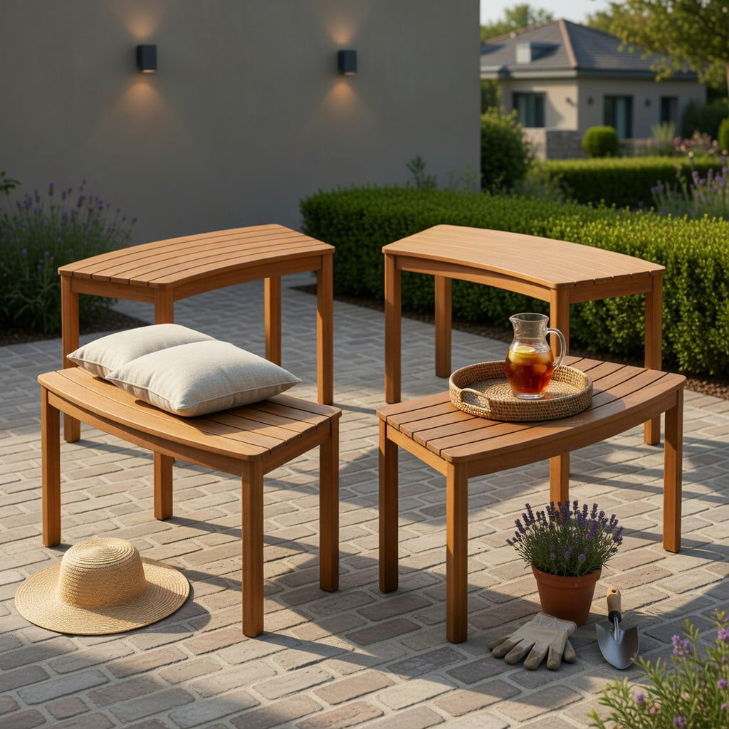 Hommoo Outdoor Acacia Wood Curved Bench Set of 4, Wooden Stools for Porch, Patio, Deck & Fire Pit Seating, Weather-Resistant Backless Garden Benches, Natural
