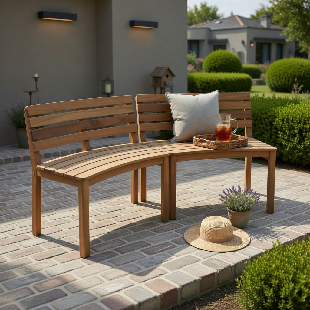 Hommoo Outdoor Acacia Wood Curved Bench Set of 2, Backless Patio Stools for Porch, Deck & Fire Pit Seating, Natural