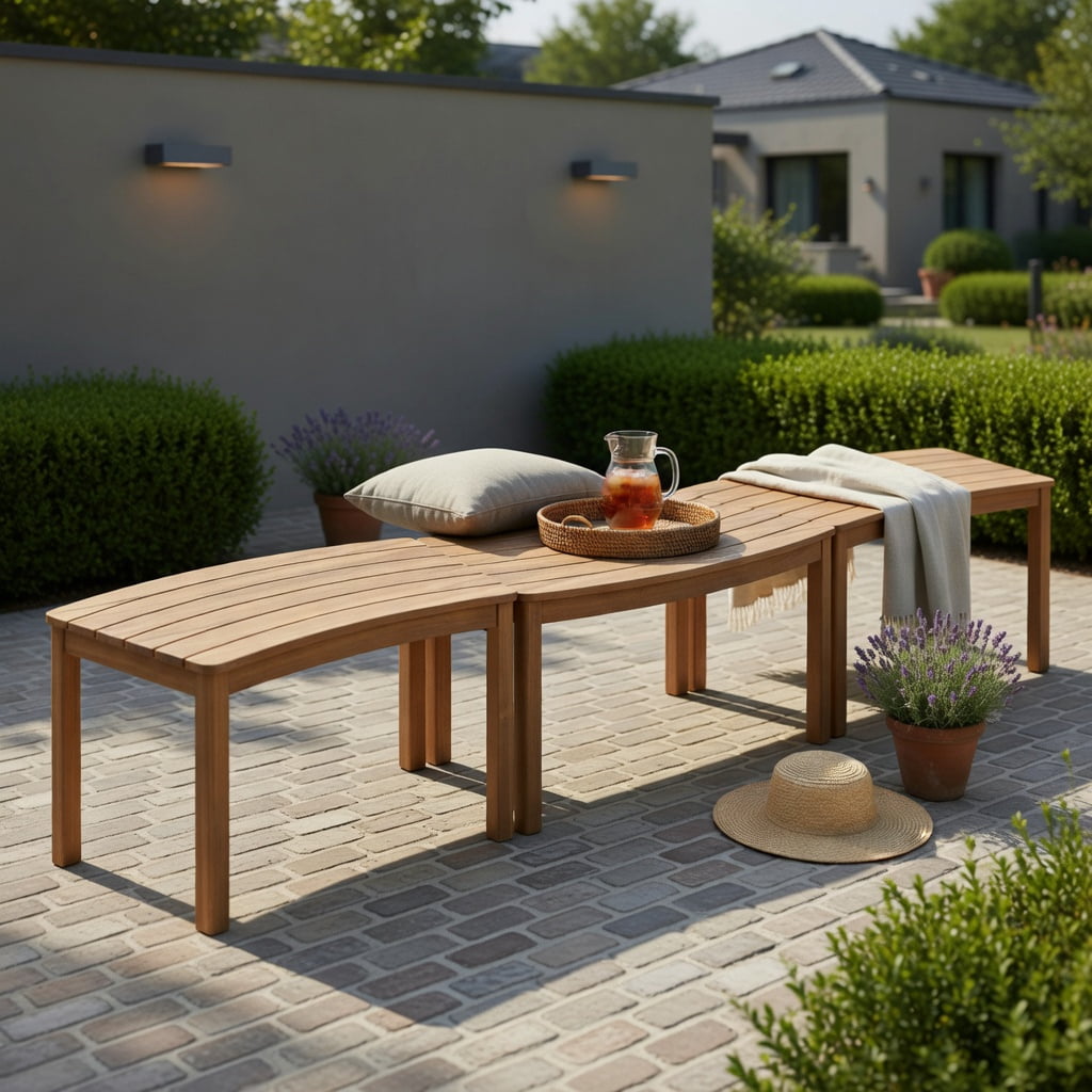 Hommoo Outdoor Acacia Wood Curved Bench Set of 3, Backless Patio Stools for Porch, Deck & Fire Pit Seating, Natural