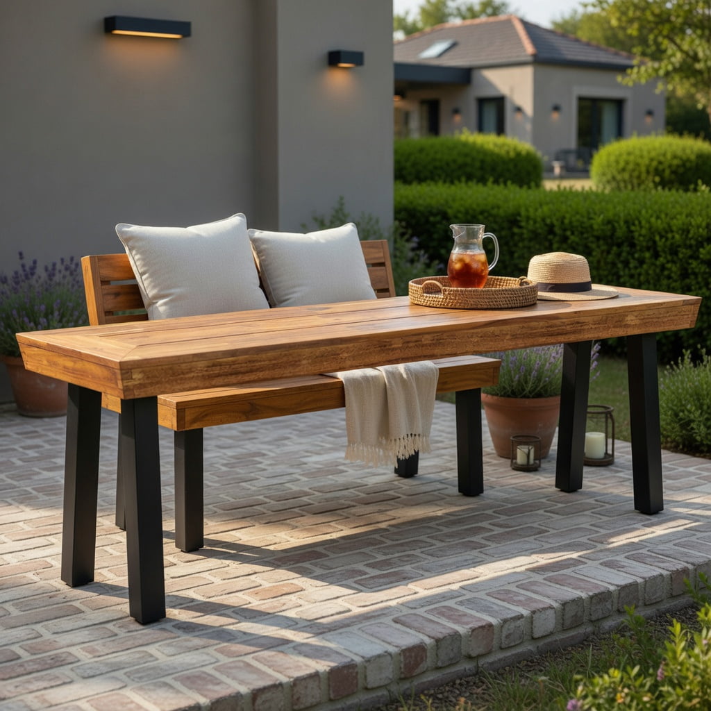 Hommoo Outdoor Acacia Wood Garden Bench for 2-3 People, Sturdy Metal Frame, Splinter-Free Patio Bench, 60" Backless Seating with Adjustable Feet, Brown