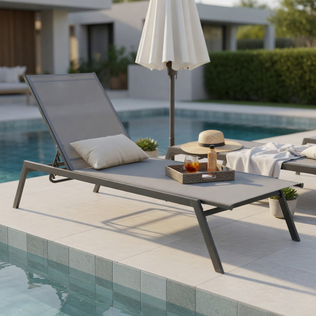Hommoo Outdoor Adjustable Chaise Lounge Chair, Lay-Flat Steel Frame Sun Lounger with Quick-Drying Breathable Fabric, Patio & Poolside Recliner, Gray