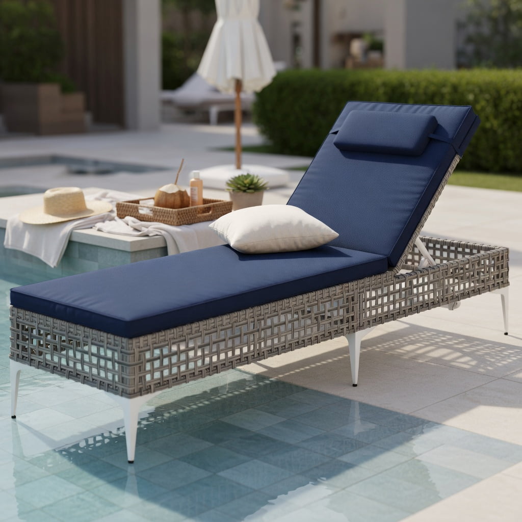 Hommoo Outdoor Chaise Lounge Chair with 6-Position Adjustable Backrest & Headrest, PE Rattan Patio Lounger for Poolside, Backyard, and Garden, Navy Blue