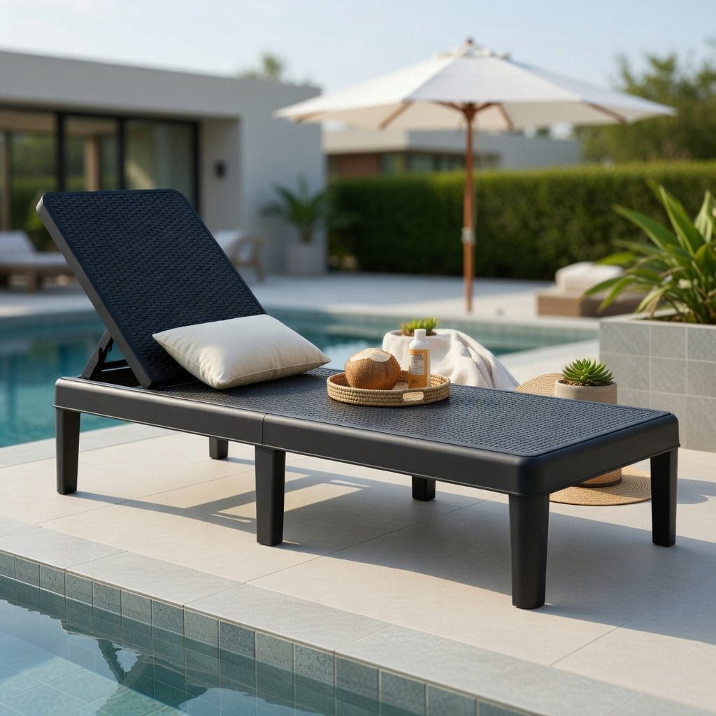 Hommoo Outdoor Chaise Lounge Chair, Adjustable 4-Position Backrest, Waterproof Faux Rattan PP Surface, for Patio, Poolside, or Deck, Black