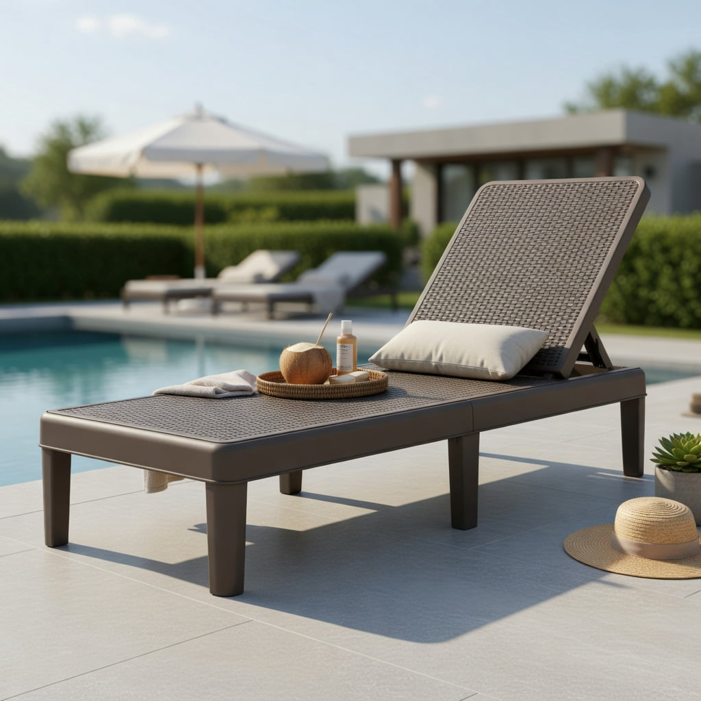 Hommoo Outdoor Chaise Lounge Chair, Adjustable 4-Position Reclining Patio Lounger with Waterproof Faux Rattan PP Surface, Brown