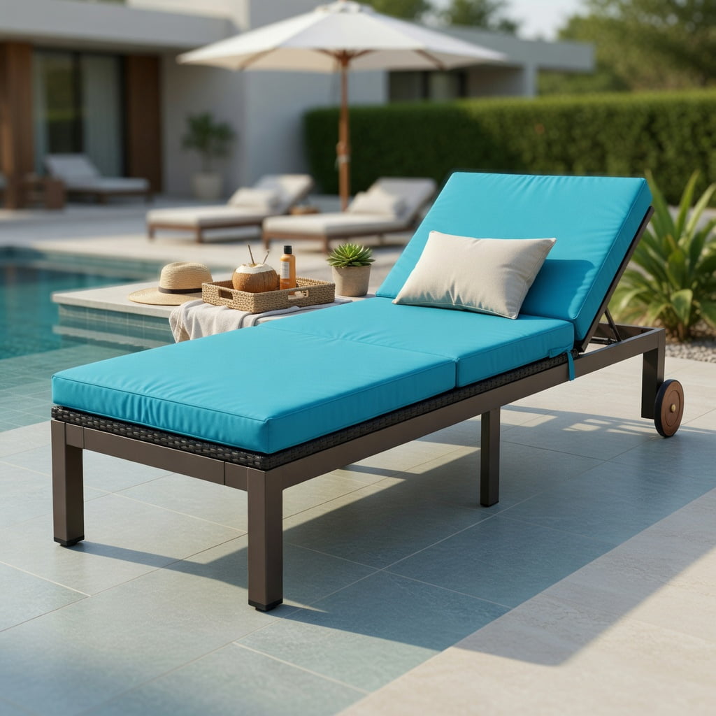 Hommoo Outdoor Chaise Lounge Chair, PE Rattan & Acacia Wood Recliner with Adjustable Backrest, Wheels & Removable Cushion for Patio, Deck, or Poolside, Turquoise