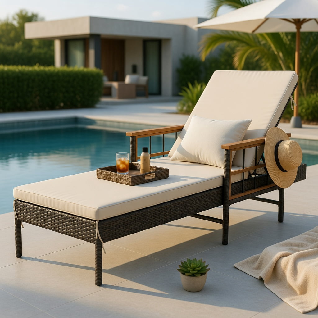 Hommoo Outdoor Chaise Lounge Chair with 4-Position Adjustable Backrest, Cushions, PE Rattan & Acacia Wood Frame, White