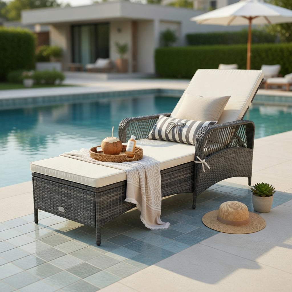 Hommoo Outdoor Chaise Lounge Chair with 6-Position Reclining Backrest, Gray PE Rattan, Heavy-Duty Metal Frame, Poolside Patio Lounger, Off-White