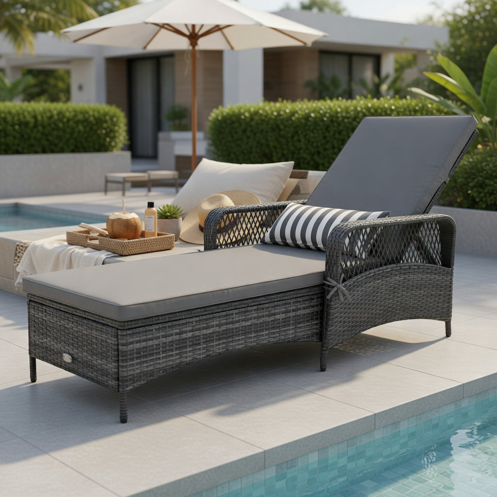 Hommoo Outdoor Chaise Lounge Chair with 6-Position Reclining Backrest, PE Rattan Patio Lounger, Includes Seat Cushion & Waist Pillow, Gray
